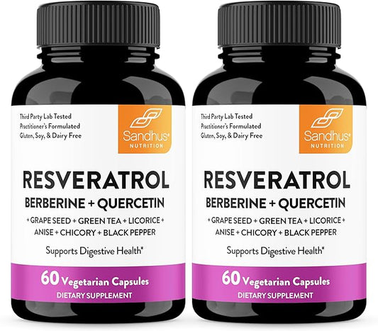 Resveratrol with Berberine for Gut Health | Digestive Supplement for Women and Men | Quercetin, Green Tea, Star Anise, DGL & Grape Seed Extract | 120 Vegetarian Capsules for Adults