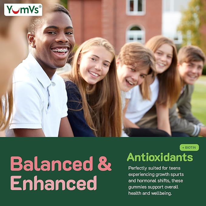 YumVs Teen Multivitamin Gummies with Biotin and Antioxidants - Raspberry Flavor - Hair Skin Nails Support - Vegetarian Kosher Teen Vitamins for Boys and Girls 12-17 - Teen Gummy Vitamins (60 Count)