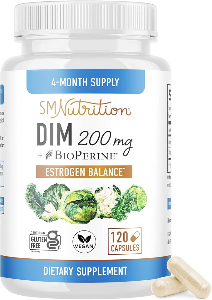 DIM Supplement 200 mg (120 Ct) | Estrogen Balance for Women & Men | Hormone Balance, Hormonal Acne Supplements, Menopause, Antioxidant & PMS Support | Non-GMO, Vegan, Soy Free | 4 Month Supply