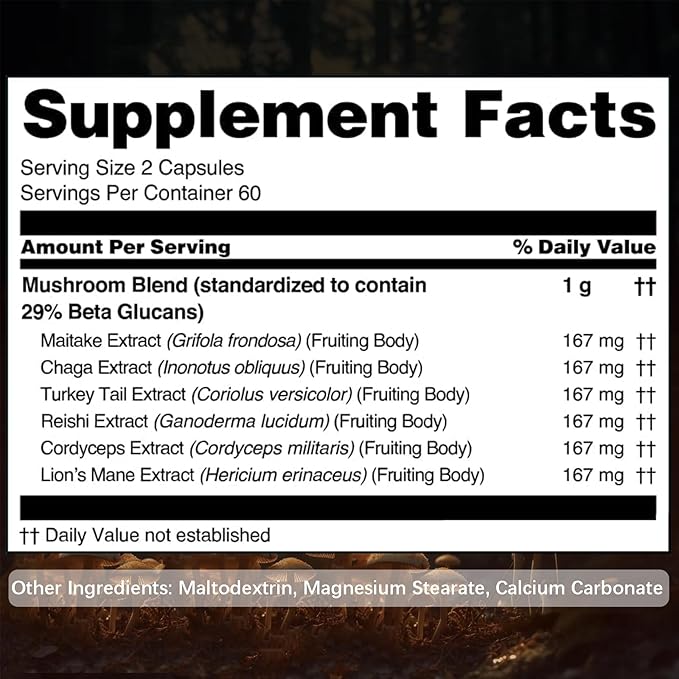 Mushroom Supplement Capsules, Mushrooms Complex, Lions Mane, Cordyceps, Chaga, Reishi, Turkey Tail, Maitake, Brain Supplements for Memory and Focus, 2 Month Supply