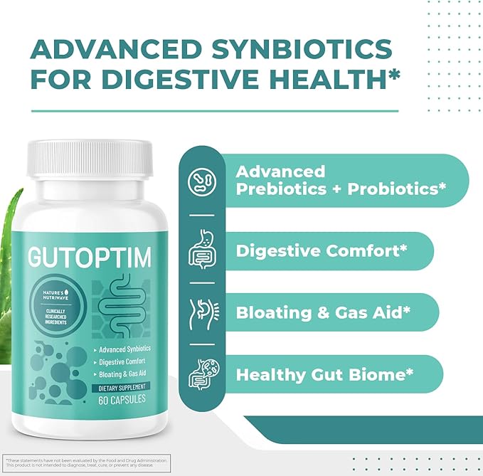 GutOptim Probiotic & Prebiotic Capsules | Pre and Probiotics for Synbiotic Gut Health & Bloating Relief for Women & Men | Enzyme with Probiotics for Digestive Health | Non-GMO, 60 Ct, 3 Month Supply