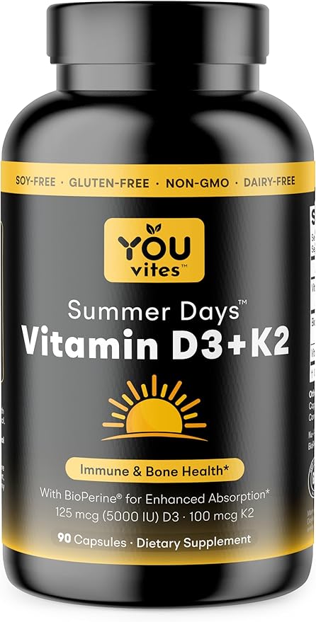 Vitamin D3 K2 - Max Absorption, 5000 IU Vitamin D3 + K2 MK7 100 mcg with BioPerine Black Pepper Extract - Immune, Bone & Heart Health Supplement - Non-GMO - 90 Capsules