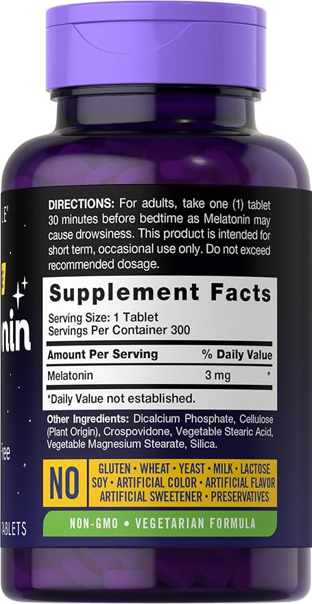 Carlyle Melatonin 3mg | 300 Tablets | Low Dose | Drug Free | Vegetarian, Non-GMO, Gluten Free