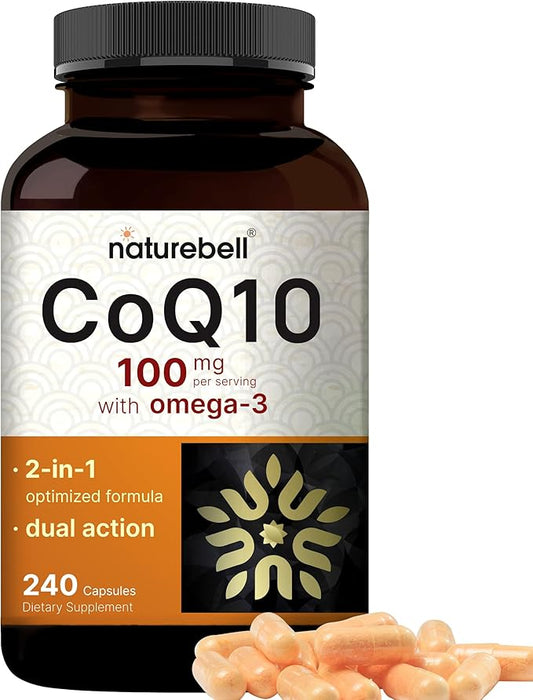 CoQ10 (Ubiquinone) 100mg with Omega 3 Fatty Acids, 240 Capsules | Stable High Absorption Form – Antioxidant Support for Heart & Energy Health – Extra Strength Coenzyme Q10 Supplement