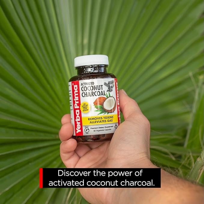 Yerba Prima Activated Coconut Charcoal, 60 Capsules - Natural Detox - Vegetarian, Vegan, Gluten Free, Non GMO