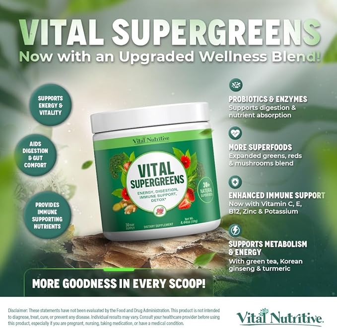 Vital Greens Superfood Powder - Daily Green Drink Powder with Probiotics and Superfoods - Supergreens for Energy Boost, Gut Health, Digestion Support, Plant-Based Nutrition, Vegan Superfoods