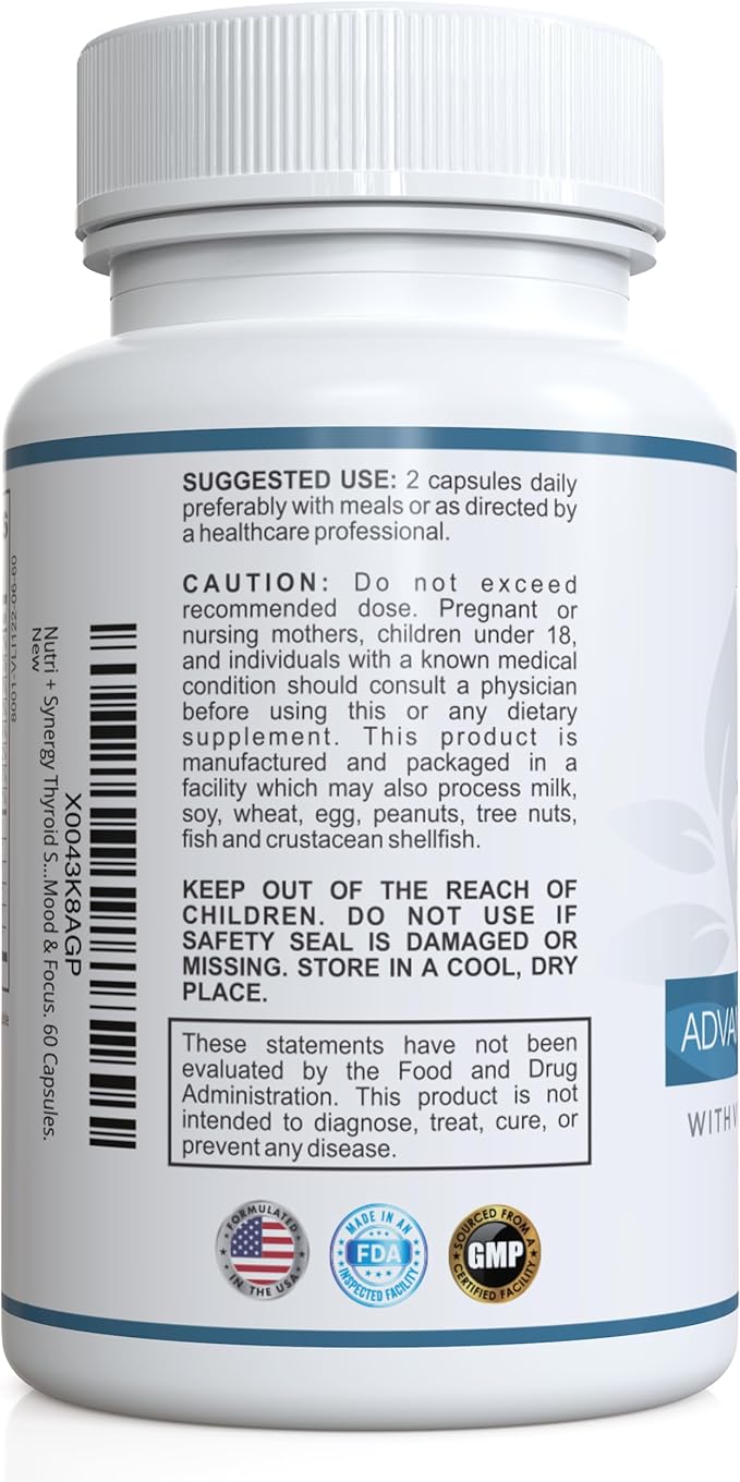 Thyroid Support - with L-Tyrosine, Iodine, Vitamins & Minerals. Supports Healthy Thyroid Function, Energy, Mood & Focus. 60 Capsules.