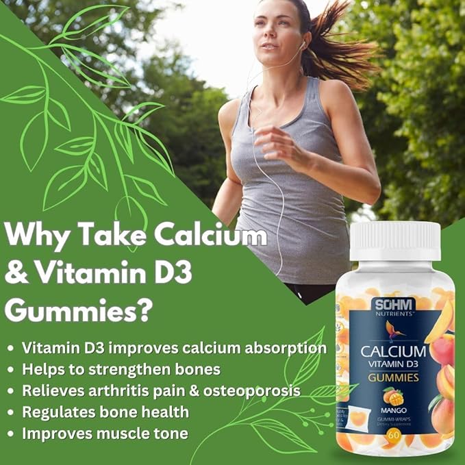 Vitamin D3 600 IU Calcium 50 mg Gummies, 60 Count,Improves Lubrication Between Joints Regulates Bone Health -Calcium Gummies for Adults Vegetarian Without Gluten