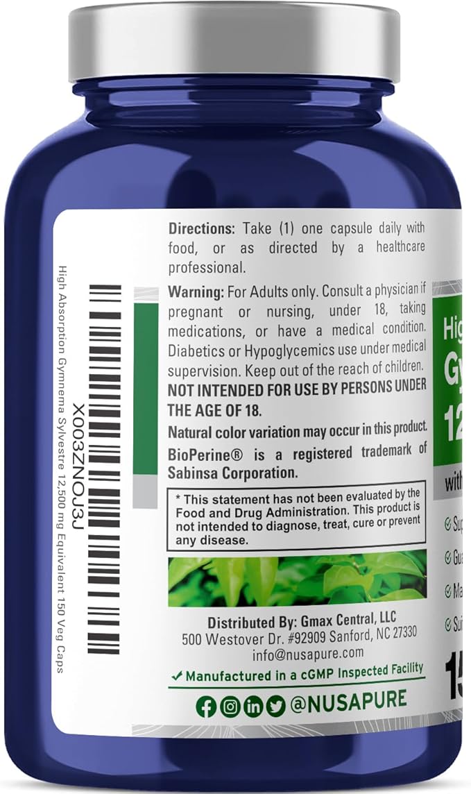NusaPure Gymnema Sylvestre 50:1 Extract, 250 mg Equivalent to 12,500mg Per Vegan Caps - 150 Count (Non-GMO, Vegan, Bioperine)