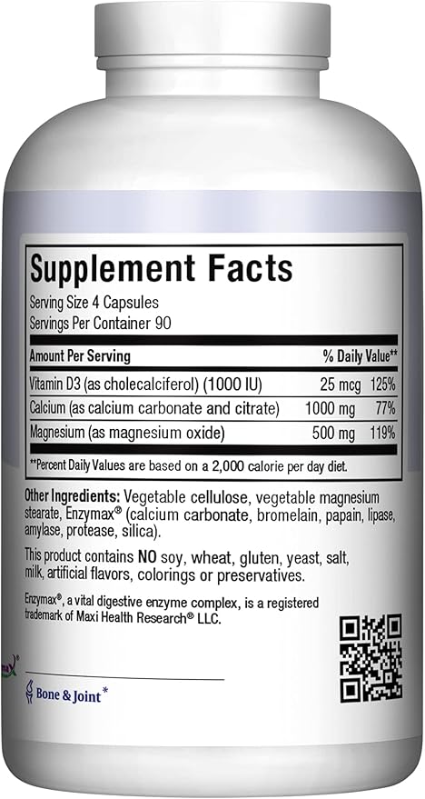 Maxi Health Calcium 1000 mg Supplement with Vitamin D3 (1000 IU) and Magnesium (500 mg) - Bone, Teeth and Joint Support for Men and Women - 360 Capsules - Maxi Cal