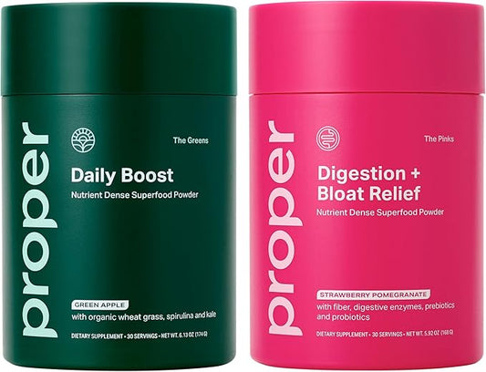 Proper Digestive Wellness & Balance Bundle: Organic Greens & Bloat Relief Drink Mixes with Probiotics, Prebiotics, and Enzymes for Digestive Support and Gut Health