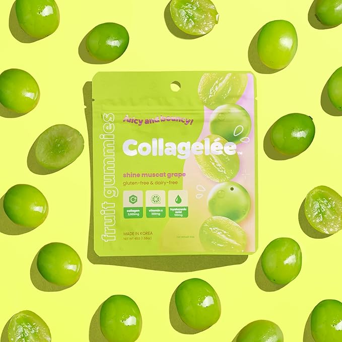 Collagelee Collagen Gummies - Marine Collagen Supplements with Vitamin C, Hyaluronic Acid, & Biotin for Moisturized, Youthful, Plump Skin - Korean Skincare (Shine Muscat Grape)