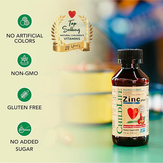 CHILDLIFE ESSENTIALS Liquid Zinc Plus - Zinc for Kids, Zinc Supplements, Zinc Drops, Pure Zinc Liquid, Toddler Zinc, Zinc Gluconate & Copper, Immune Support - Mango Strawberry, 4 Fl Oz (Pack of 1)