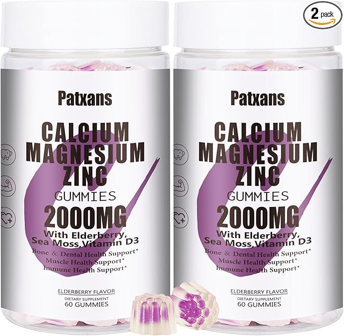 2 Packs 2000MG Calcium Magnesium Zinc Gummies with Vitamin D3 & Elderberry, Sea Moss for Bone & Tooth Strength, Muscle & Immunity, Sugar-Free, Vegan, Blueberry Flavor, 120ct.