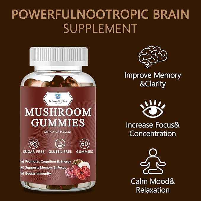 Organic Mushroom Gummies with Mane Mushroom, Reishi, Cordyceps, Lion's Mane Mushroom Gummies for Adults Brain Booster, Immune Support, Energy-60 Units