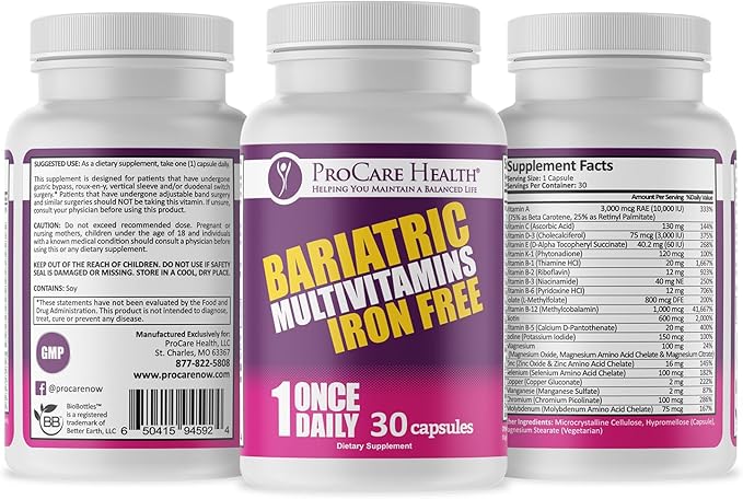 Procare Health Bariatric Multivitamin with Iron Free (30 Fast Dissolving Veggie Capsule) - Bariatric Vitamins for Gastric Sleeve & Gastric Bypass, Bariatric Multivitamin Without Iron (1 Month Supply)*