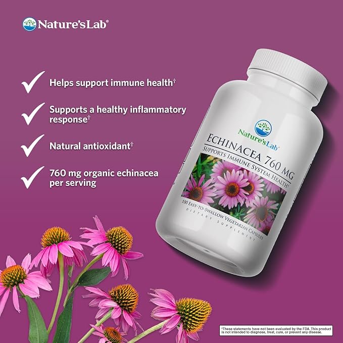 Nature's Lab Echinacea 760mg Dietary Supplement - Powerful All Natural Immune System Support - Non-GMO, Gluten Free - 100 Capsules (50 Day Supply)
