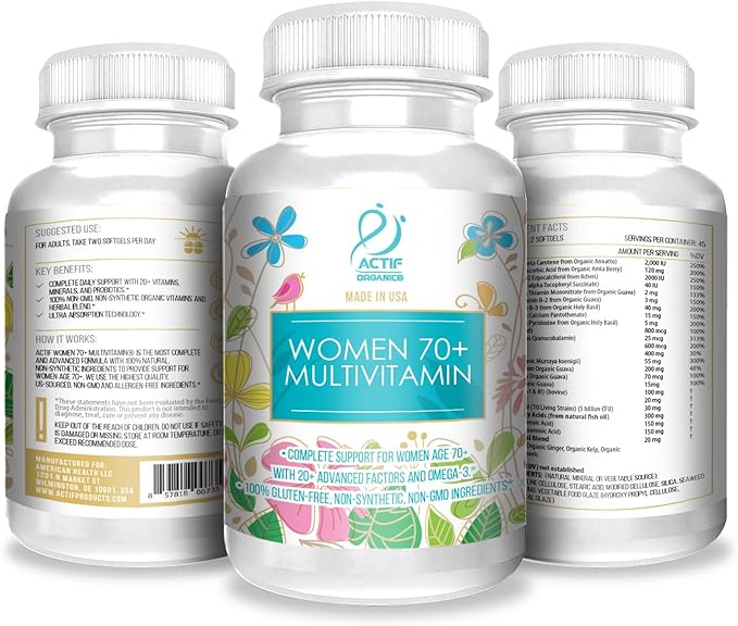 ACTIF Organic Multivitamin for Women Age 70+ with 20+ Advanced Factors and Omega-3 Oil, Non-GMO, Made in USA, 90 Count RealCaps
