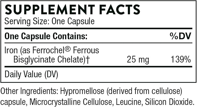 THORNE Iron Bisglycinate - 25 mg Iron Supplement for Enhanced Absorption Without Gastrointestinal Side Effects* - NSF Certified for Sport - Gluten-Free - 60 Capsules