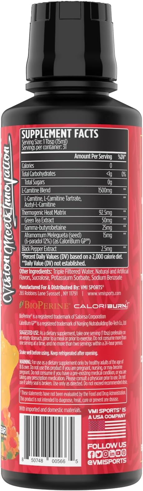 VMI Sports L-Carnitine 1500 Heat Liquid Enhanced Thermogenic | 1500 mg Carnitine | Maximum Absorption Formula | Great Taste for Men & Women | 31 Servings (Gummy Bear)