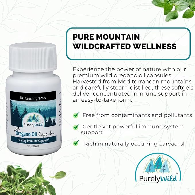 PURELY WILD Dr. Cass Ingram's Oregano Oil Gelcaps - 90 Softgels - Immune System Support - Unprocessed, Wild Mediterranean Oregano - Mountain Sourced - Non-GMO - 90 Servings
