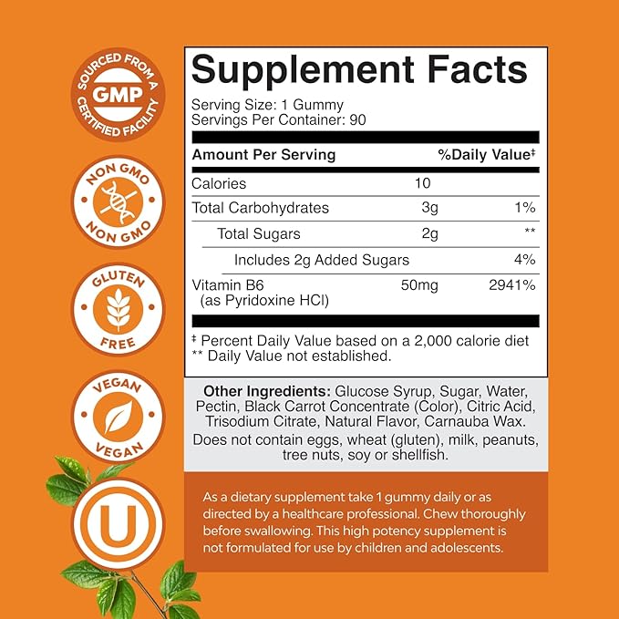 Potent Vitamin B6 Gummies for Adults - Vitamin B6 50mg Per Serving Gummy Vitamins for Women and Men for Immune Nerve and Mood Support - Vegan Kosher B6 Vitamins Gummies for Women and Men - 90 count