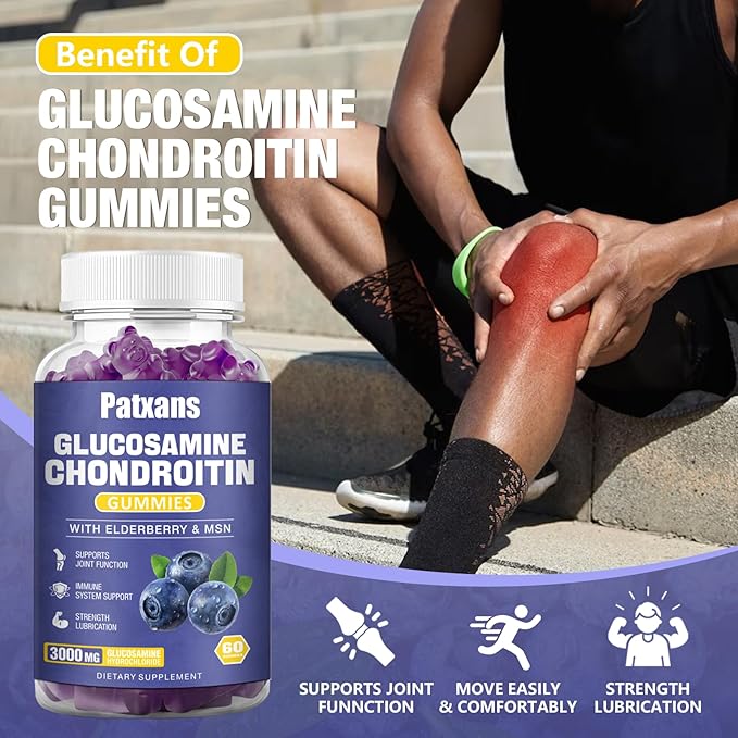 1 Pack 3000MG Glucosamine Chondroitin Gummies - Extra Strength Joint Health & MSM Elderberry Natural Joint Support Supplement, Flexibility, Antioxidant Immune Support for Adults, 60 Gummies.