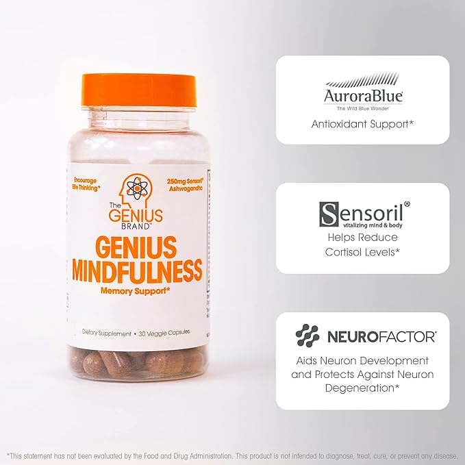 The Genius Brand - Genius Mindfulness Natural Calming Supplement with Ashwagandha, NeuroFactor, & Blueberry Extract, Nootropic Cognitive Brain Booster Enhances Memory, Focus & Energy - 30 Capsules