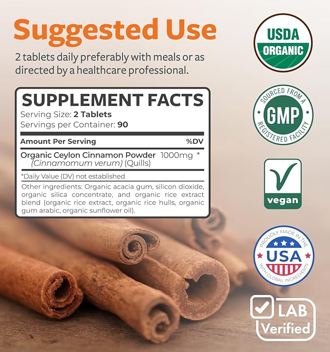 USDA Organic Ceylon Cinnamon (180 Tablets) 1000mg Cinnamon Quill Powder per Serving - Natural Cinnamon Supplements for Effective Metabolism, Cognative, Joint, Immune Support - (No Capsules or Pills)