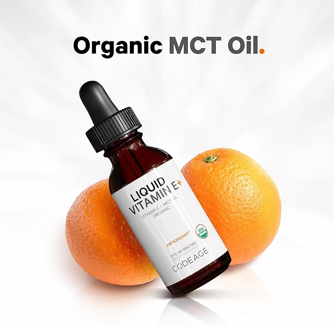 Codeage Liquid Vitamin E+ - USDA-Certified Organic Vitamin E - 2-Month Supply - D-Alpha Tocopherol Acetate, Organic MCT Oil, Organic Orange Fruit Oil, Unflavored, Non-GMO, Vegan, Gluten-Free, 2 fl oz