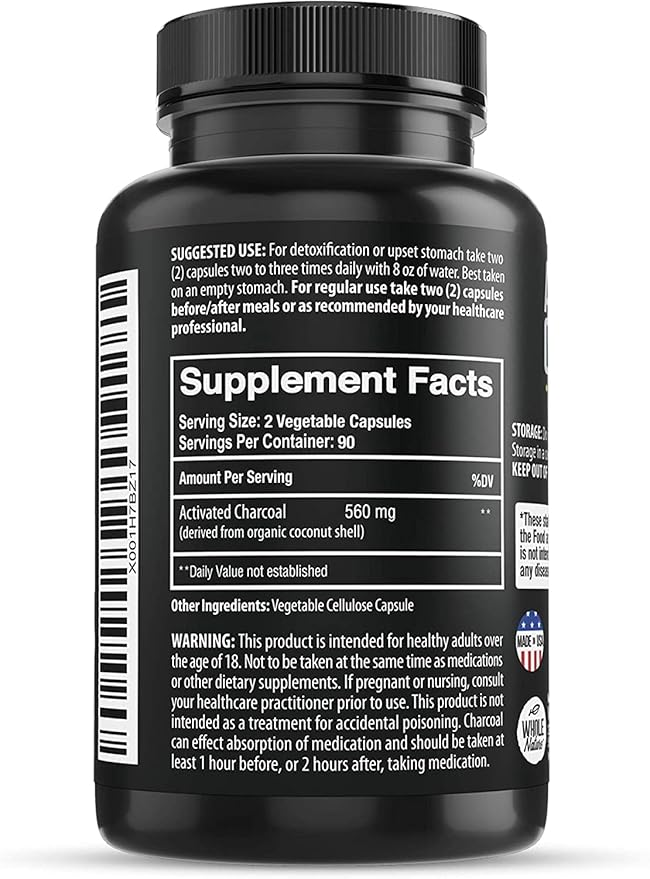 Coconut Activated Charcoal Capsules, 180 Charcoal Capsules, Teeth Whitening, Helps Constipation, Bloating, Stomach Gas, Heartburn, Pure Coconut Derived Supplement (2)