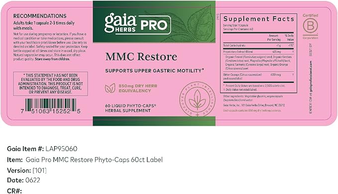 Gaia Herbs Pro MMC Restore - Digestive Health Supplement for Upper Gastric Motility - Contains Fennel Seed, Turmeric Root, Gentian Root & Magnolia Bark - 60 Liquid Phyto-Caps (60 Servings)