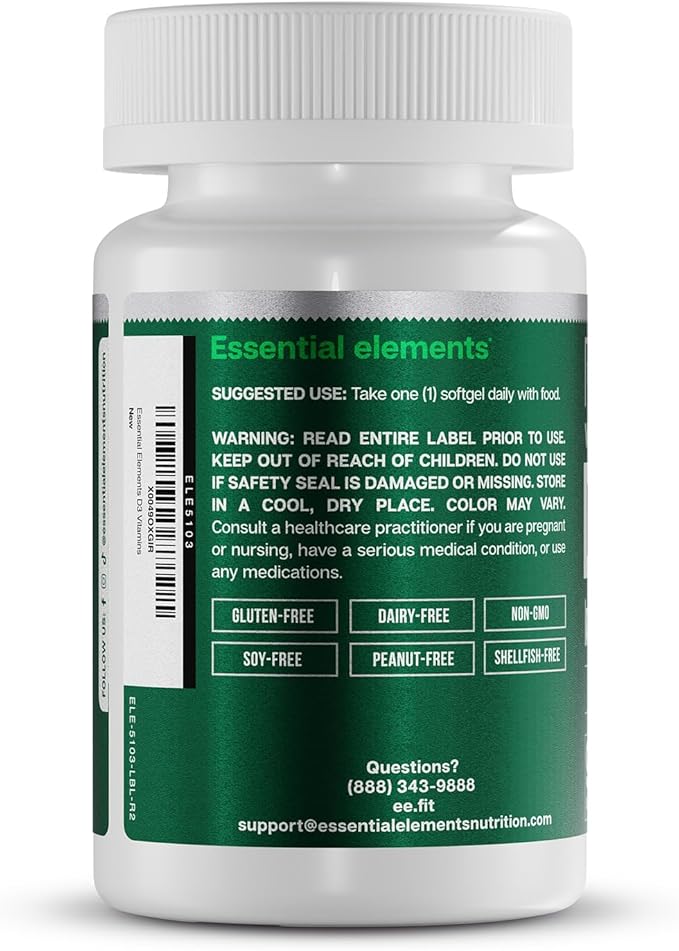 Essential Elements D3 Vitamins 5000 IU Softgels with Olive Oil for Bone, Muscle, & Immune Support