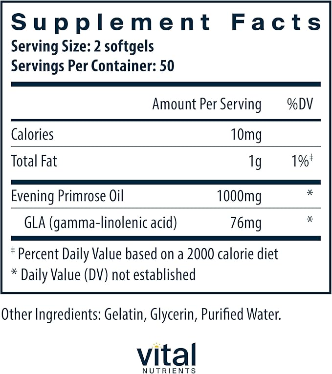 Vital Nutrients Evening Primrose Oil 1000mg | Primrose Supplement for Women | GLA Omega-6 Fatty Acid for Skin and PMS Support* | Gluten, Dairy, Soy Free | Non-GMO | 100 Softgels