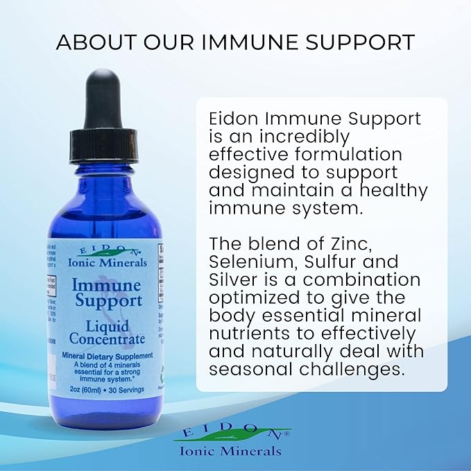 Eidon Ionic Minerals Immune Support Supplement Liquid Concentrate - Immune Booster Mineral Drops with Zinc, Selenium, Sulfur, Support & Maintain Immune System, Bioavailable, No Preservatives - 2 oz