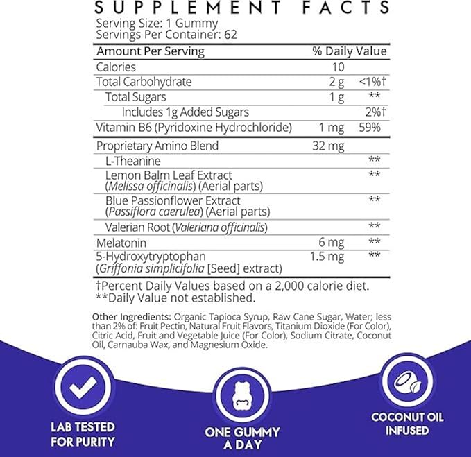Sugarbear Sleep Gummy 6 Month Supply, Extra Strength Melatonin 6mg, for Men & Women, Vegan Vitamin B6, L-Theanine, 5 HTP, Valerian, Sleep Aid for Adults & Teens, Certified Kosher, Halal, Cruelty-Free