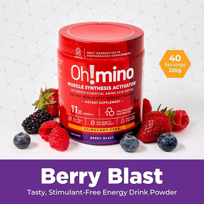 Ohmino Essential Amino Acids for Muscle Gain - BCAAs and EAA Amino acids Powder Supplement, Pre & Post Workout - Non Caffeine, Non Dairy, Vegan, Zero Sugar & Net Carbs - 40 Servings (Berry Blast)