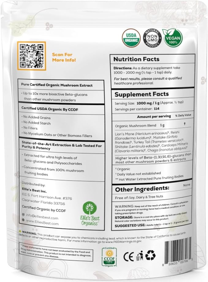 Ellie's Best 7 Mushroom Powder Extract Blend Supplement Organic 114 Servings High Potency Double Extracted Cordyceps, Reishi, Turkey Tail, Chaga, Lion's Mane - 4oz