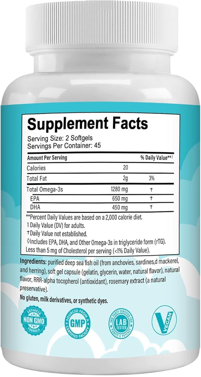 Omega 3 Fish Oil Supplements,Triple Strength Omega 3 Nutritional Supplement with 650mg EPA 450mg DHA Per Serving - Brain, Eye, Heart & Immune Health Support - 90 Softgels (45 Serv)