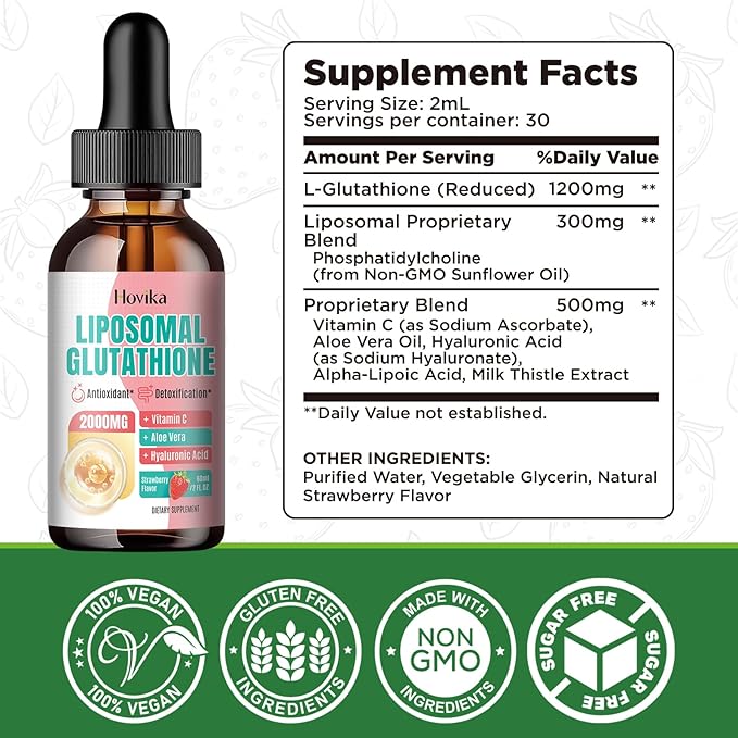Liposomal Glutathione Supplement 2000mg, Liquid Glutathione Drops with Vitamin C, Master Antioxidants for Immune System, Aging Defense, Skin Health, Liver Detox-Superior Absorption, Strawberry 2 Fl Oz