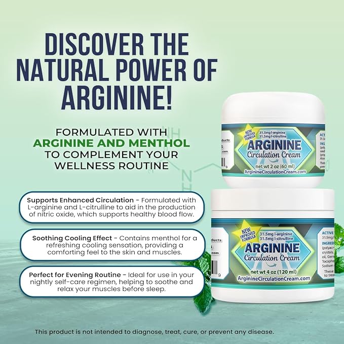 Arginine Circulation Cream 4 oz - Menthol, L Arginine & L Citrulline Lotion - Supports Healthy Leg & Body Blood Flow - Whole Family Products