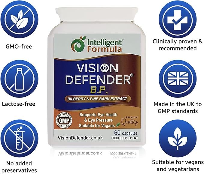 Vision Defender BP Eye Supplement: Bilberry and Pine Bark Extracts for Eye Pressure and Eye Health Support (60 Vegan Capsules)