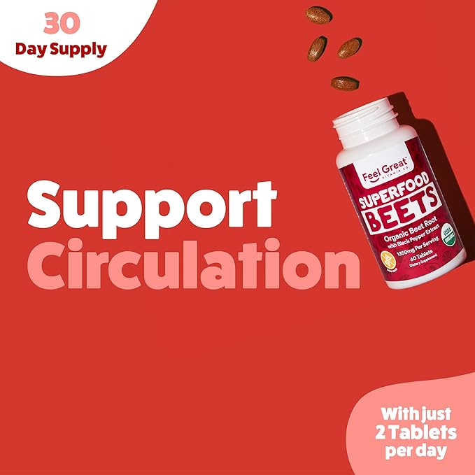 Feel Great Vitamins Organic Beet Root Powder Supplements (Tablets) | Beets Nitric Oxide Supplement | Red Beet Powder Support Healthy Circulation with Natural Nitrates for Natural Energy*