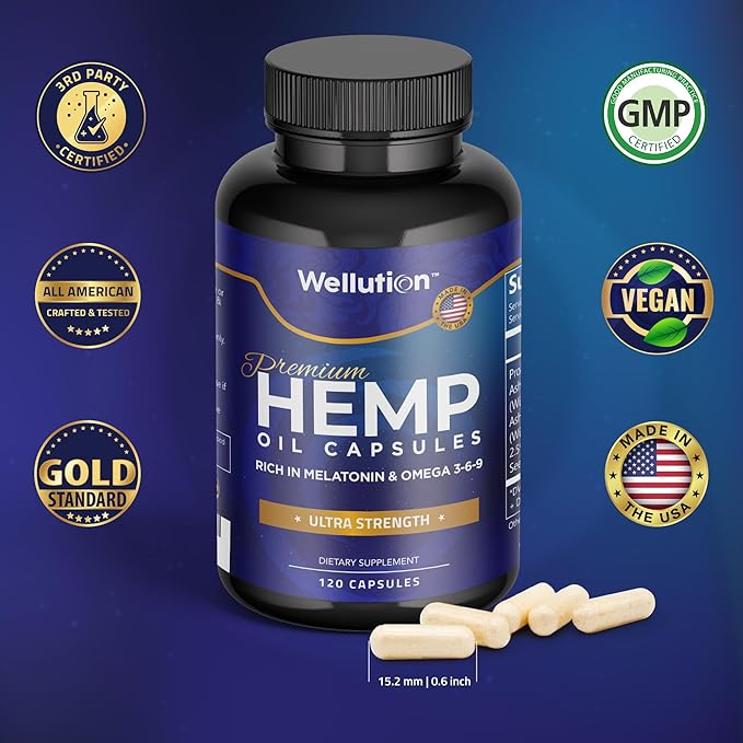 WELLUTION Hemp Oil Capsules with Ashwaganda and Melatonin (2-PK) Rich in Omega 3-6-9 - Supports Healthy Sleep, Stress, & Mood - Feel Refreshed - Made in USA - 120 Count