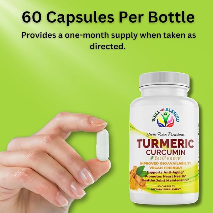 Turmeric Curcumin Supplement with BioPerine - 60 Capsules - Organic Turmeric Root Extract - Vegan Friendly, Enhanced Absorption, Daily Joint and Heart Support