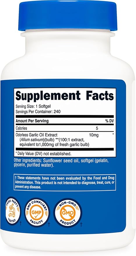 Nutricost Garlic 1000mg, 240 Softgels - Odorless, Premium Gluten Free Supplement