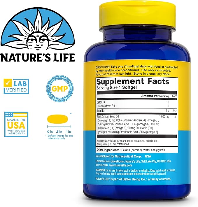 NATURE'S LIFE Black Currant Seed Oil 1000mg - Black Currant Oil, Natural Source of Omega 6 Gamma Linolenic Acid (GLA) and Omega 3 Alpha-Linolenic Acid (ALA), 60-Day Guarantee, 60 Servings, 60 Softgels