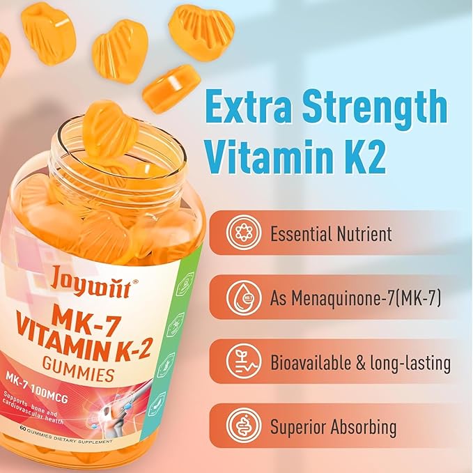 Vitamin K2 MK-7 Gummies 100mcg, Extra Strength K2 Vitamin Supplement for Bone & He-Art Support, Chewable Natural Orange Flavor, Non GMO, Vegan, 120 Gummies