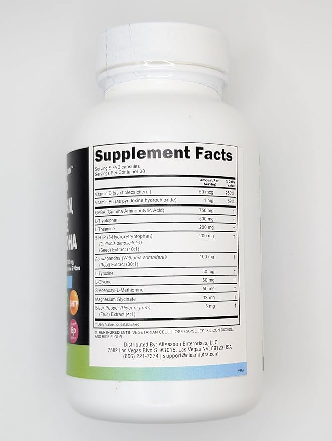 Clean Nutraceuticals GABA 750mg 5 HTP 200mg L Tryptophan 500mg L Theanine 200mg Ashwagandha SAM-e L-Glycine - Mood Support Vitamins for Women and Men with L-Tyrosine (90 Count (Pack of 2))