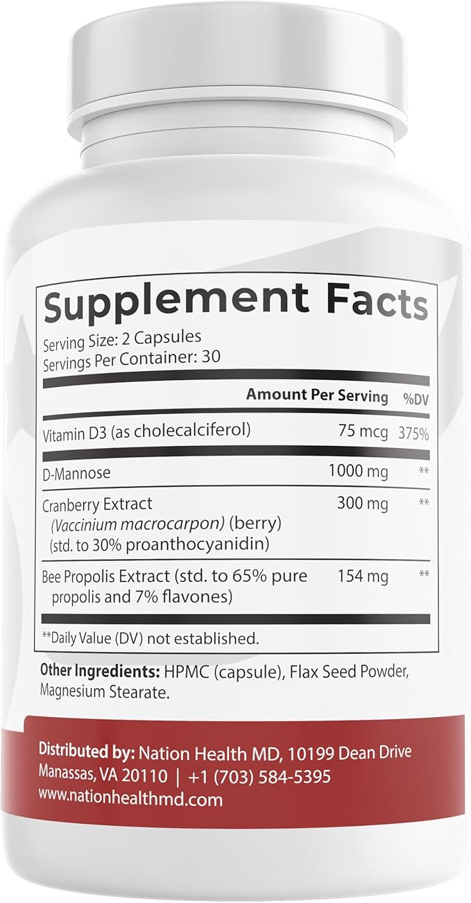 UroBliss Formula for Urinary Tract Support - D Mannose 1000mg Capsules with Cranberry Extract for Feminine Care and UTI-Health, 60 Capsules